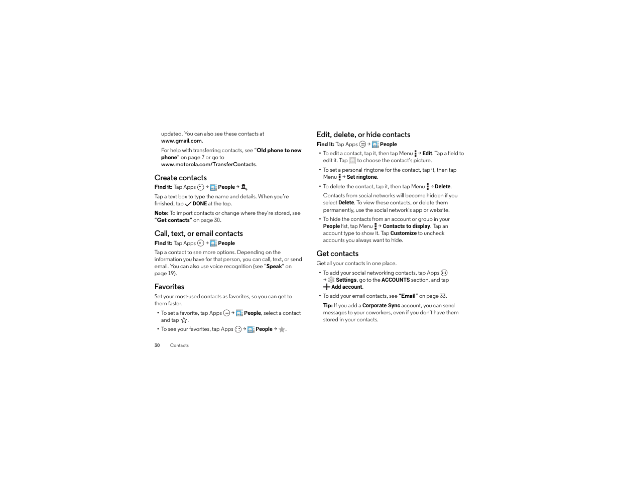 Create contacts, Call, text, or email contacts, Favorites | Edit, delete, or hide contacts, Get contacts | Motorola moto x User Manual | Page 32 / 74