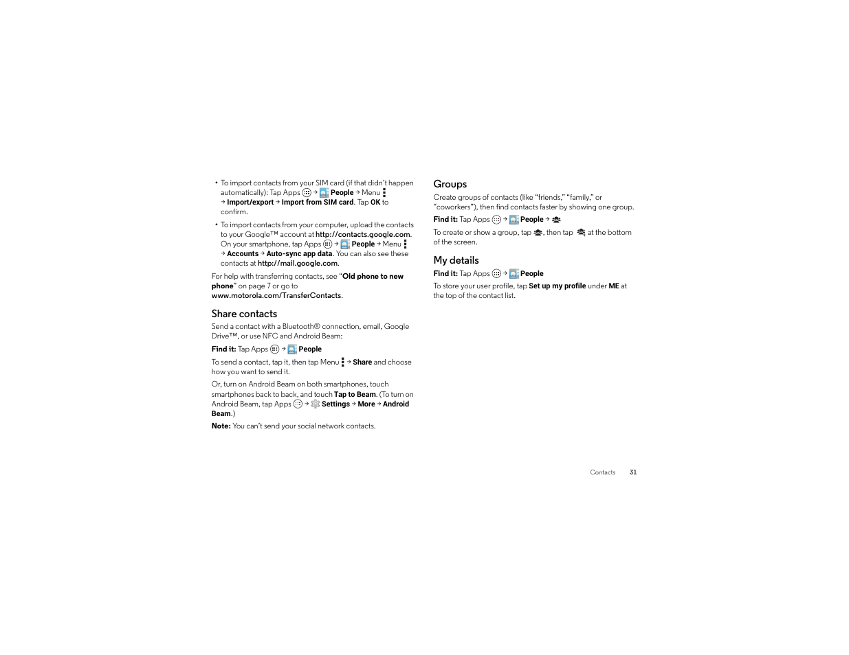 Share contacts, Groups, My details | Motorola moto x User Manual | Page 33 / 74