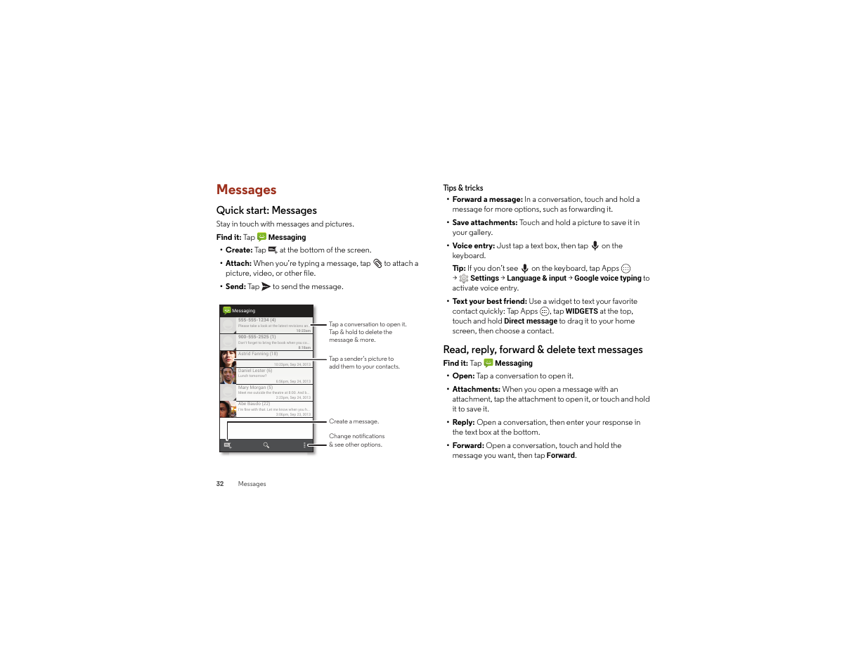 Messages, Quick start: messages, Read, reply, forward & delete text messages | Motorola moto x User Manual | Page 34 / 74