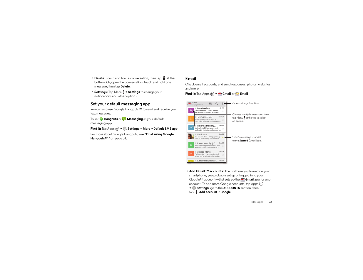 Set your default messaging app, Email | Motorola moto x User Manual | Page 35 / 74