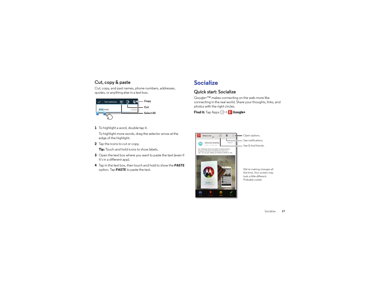 Cut, copy & paste, Socialize, Quick start: socialize | Motorola moto x User Manual | Page 39 / 74