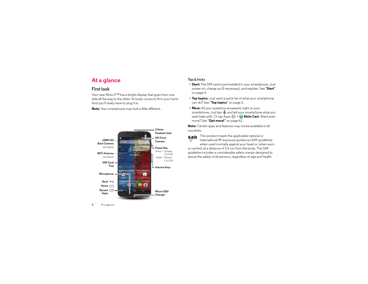 At a glance, First look | Motorola moto x User Manual | Page 4 / 74