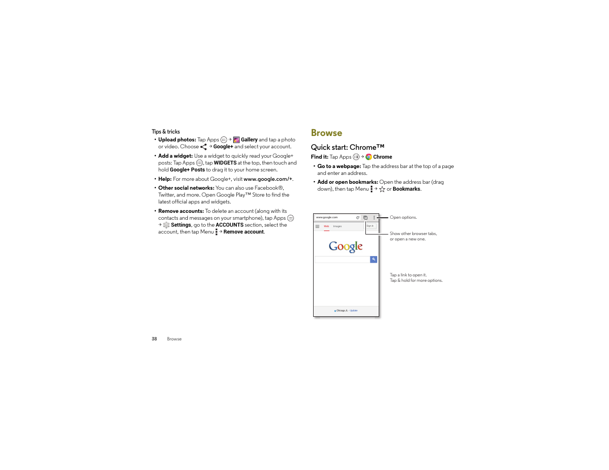 Browse, Quick start: chrome | Motorola moto x User Manual | Page 40 / 74