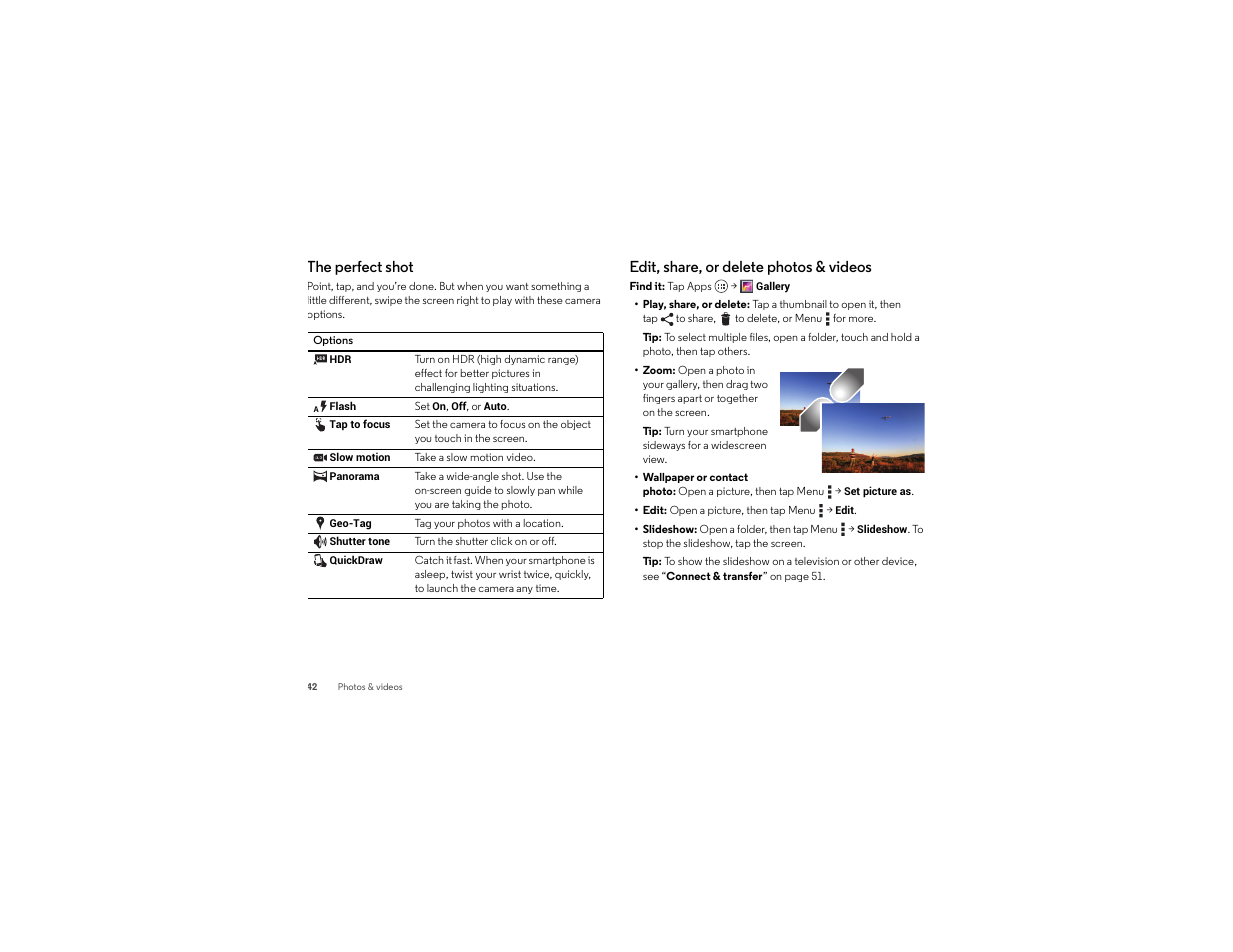 The perfect shot, Edit, share, or delete photos & videos | Motorola moto x User Manual | Page 44 / 74