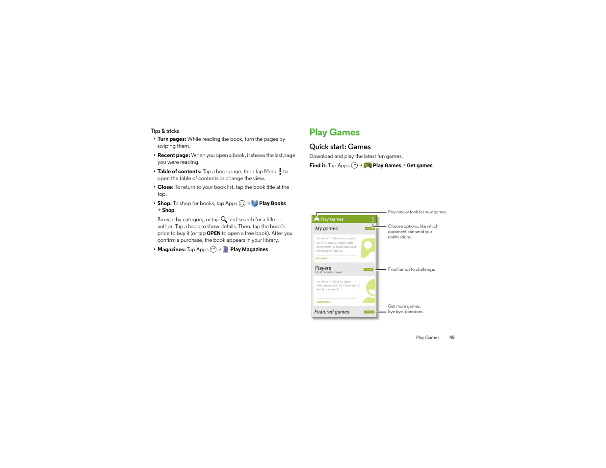 Play games, Quick start: games | Motorola moto x User Manual | Page 47 / 74