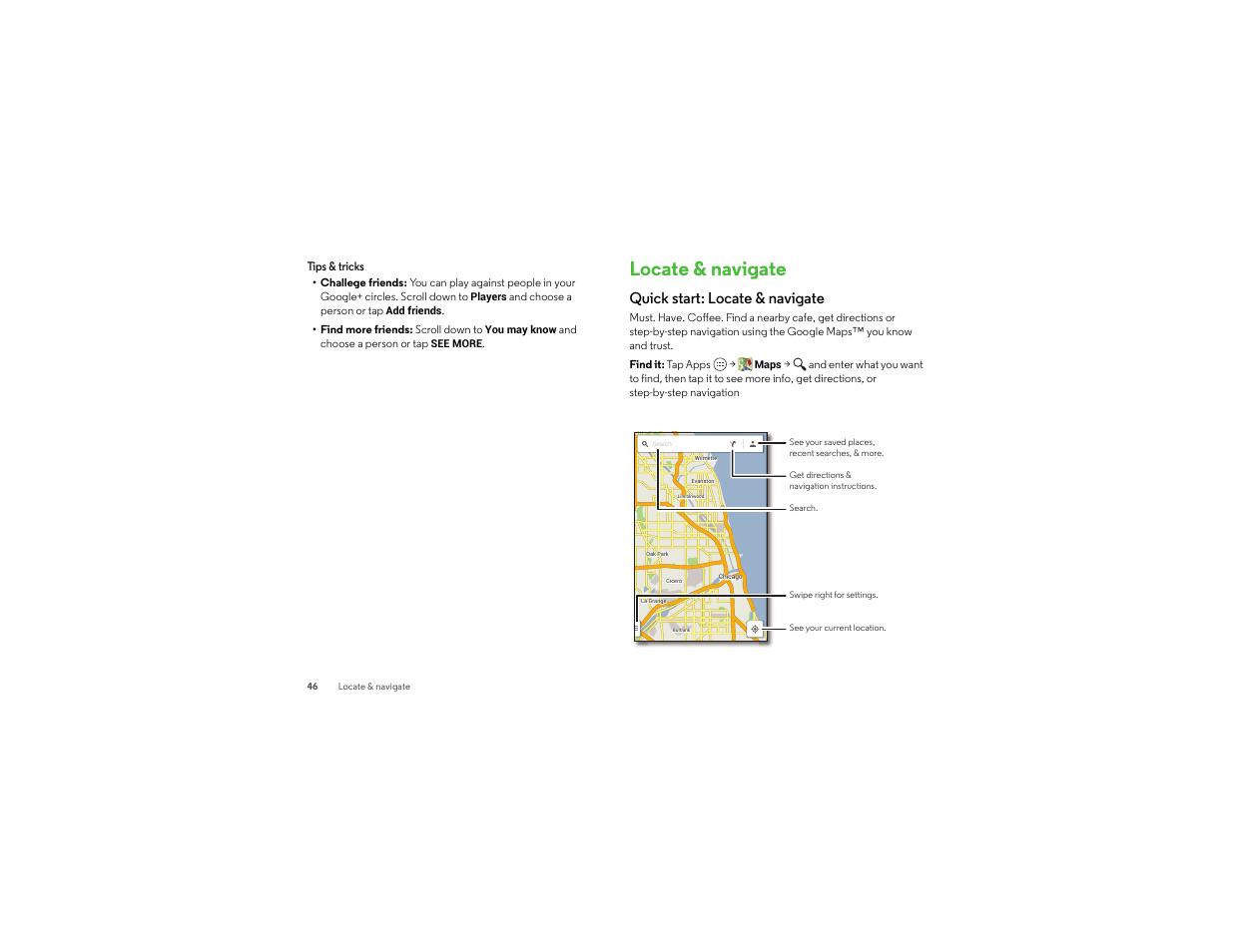 Locate & navigate, Quick start: locate & navigate | Motorola moto x User Manual | Page 48 / 74