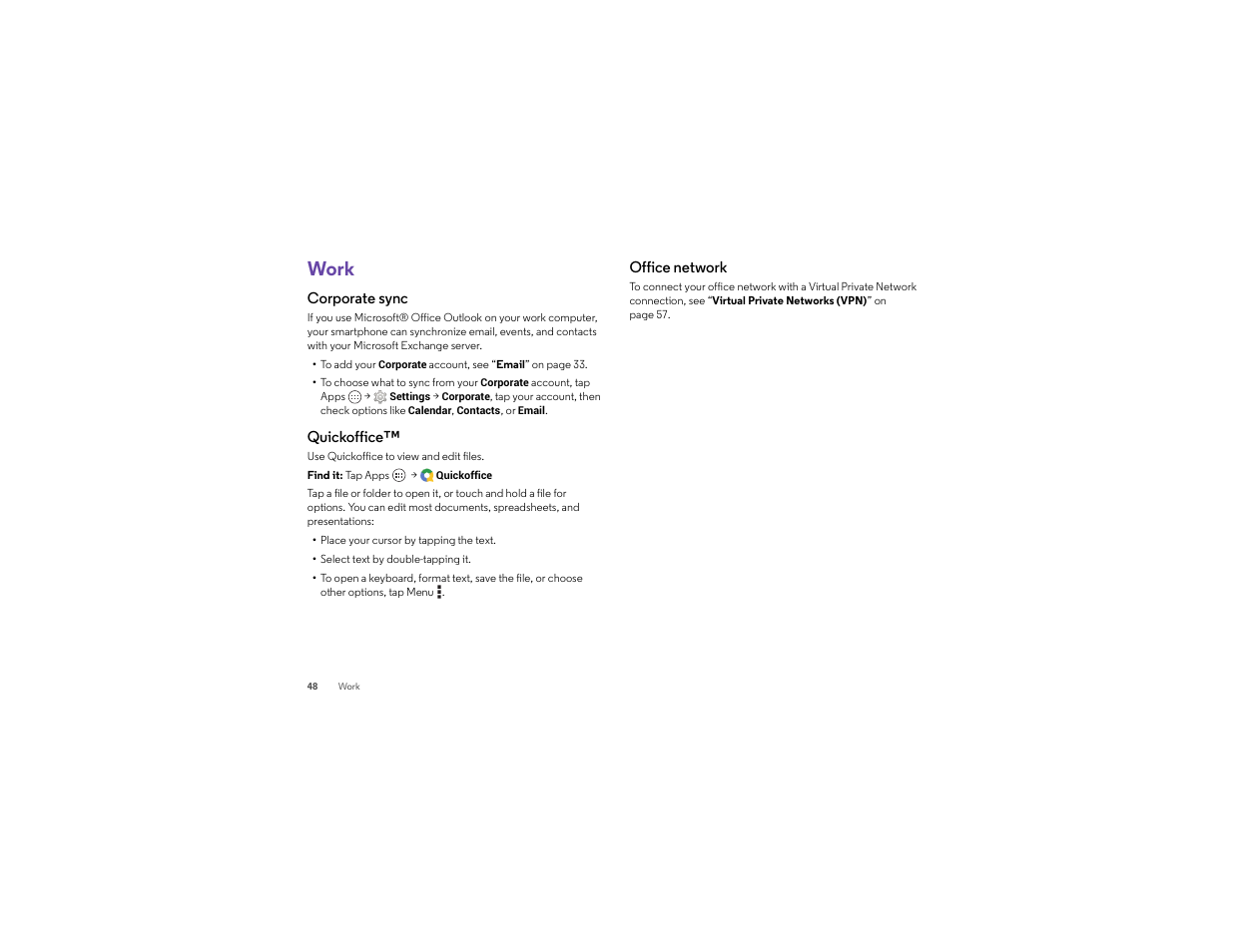 Work, Corporate sync, Quickoffice | Office network | Motorola moto x User Manual | Page 50 / 74