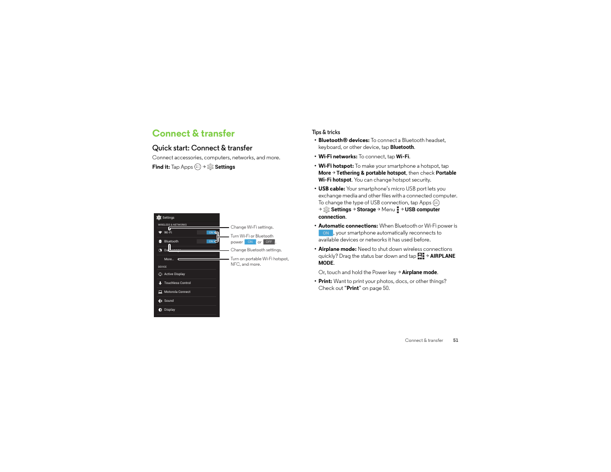 Connect & transfer, Quick start: connect & transfer | Motorola moto x User Manual | Page 53 / 74