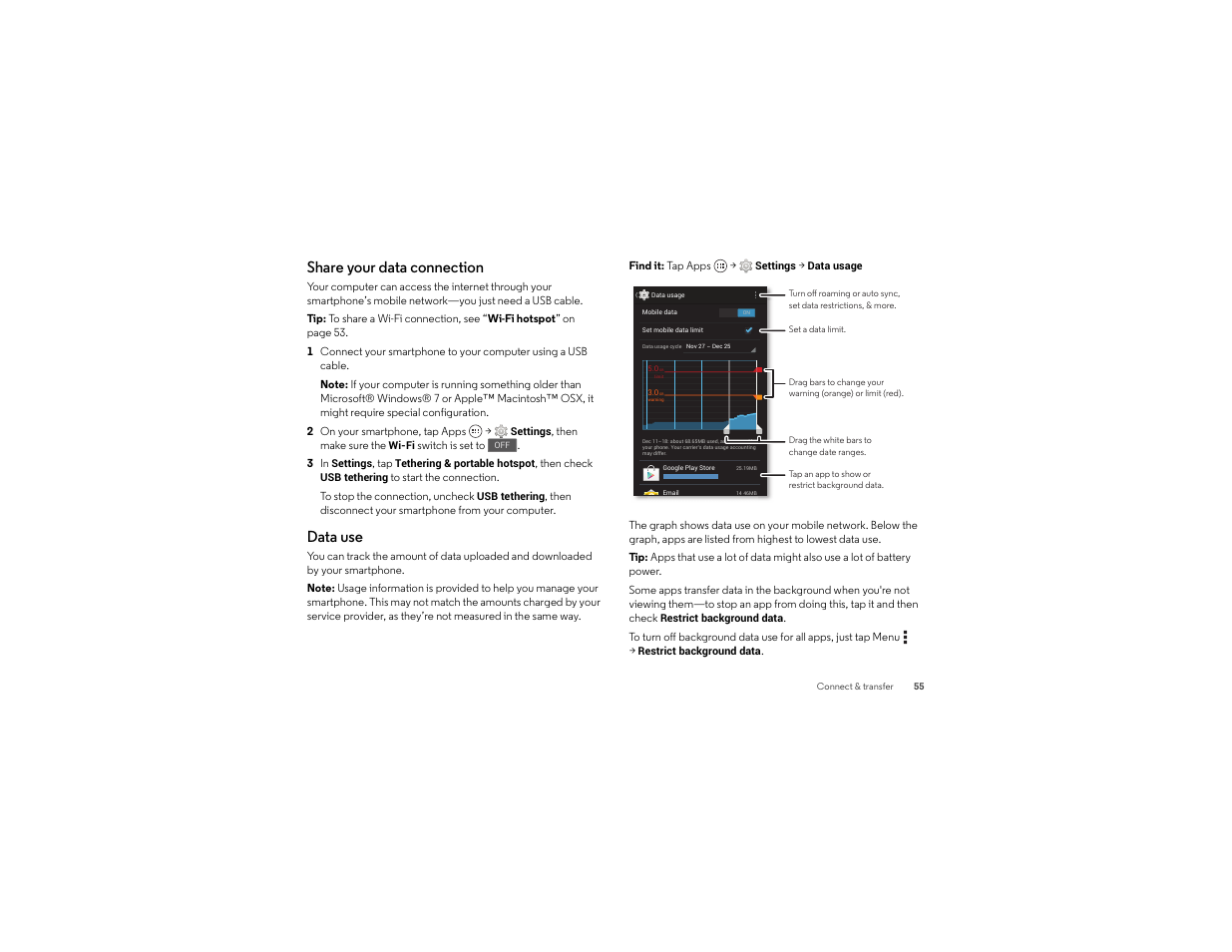 Share your data connection, Data use | Motorola moto x User Manual | Page 57 / 74