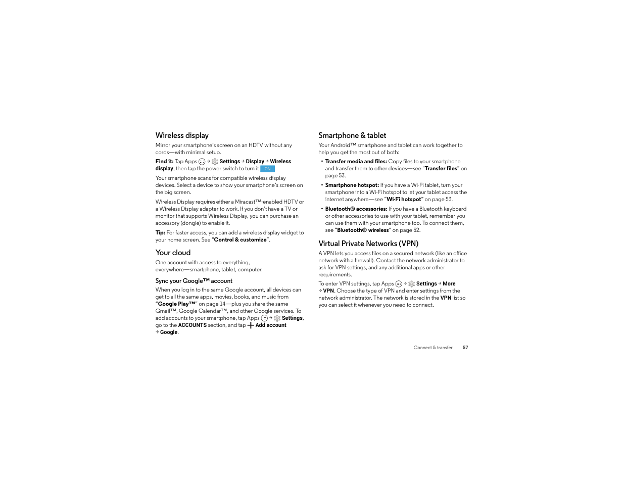 Wireless display, Your cloud, Smartphone & tablet | Virtual private networks (vpn) | Motorola moto x User Manual | Page 59 / 74