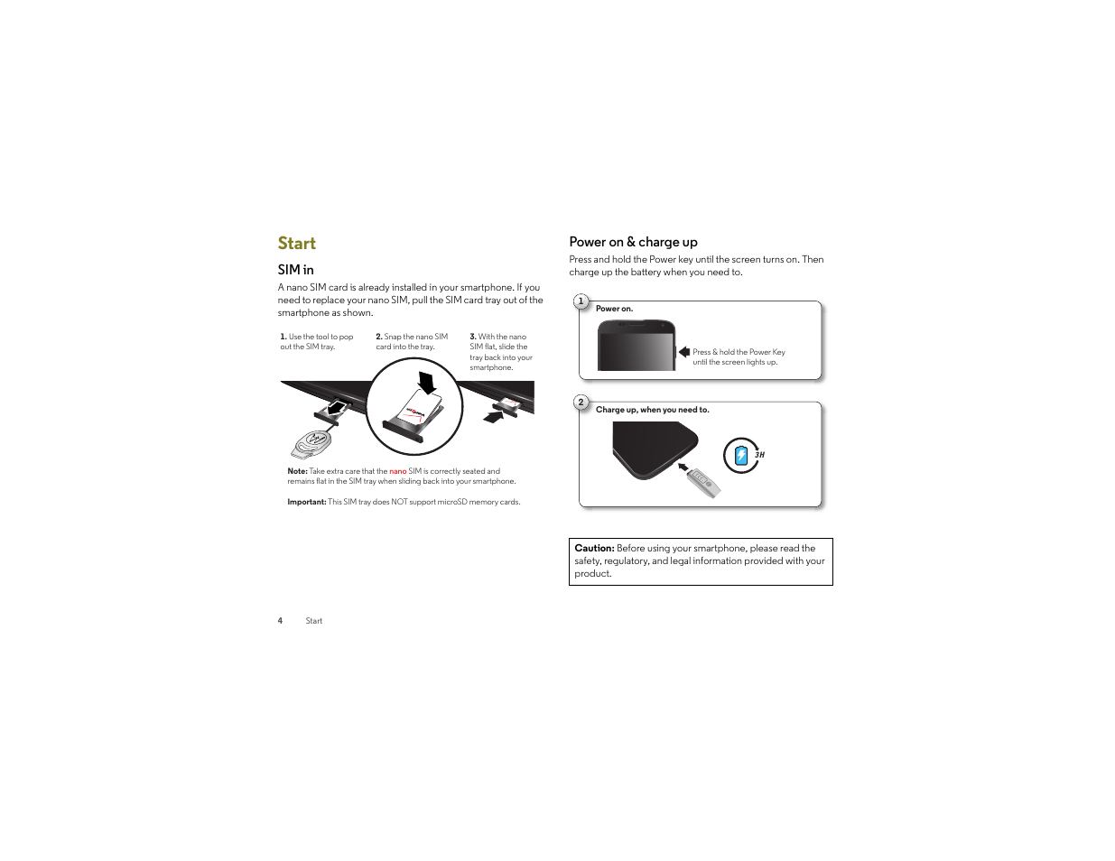 Start, Sim in, Power on & charge up | Motorola moto x User Manual | Page 6 / 74