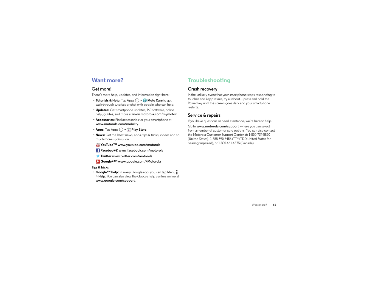 Want more, Get more, Troubleshooting | Crash recovery, Service & repairs | Motorola moto x User Manual | Page 63 / 74