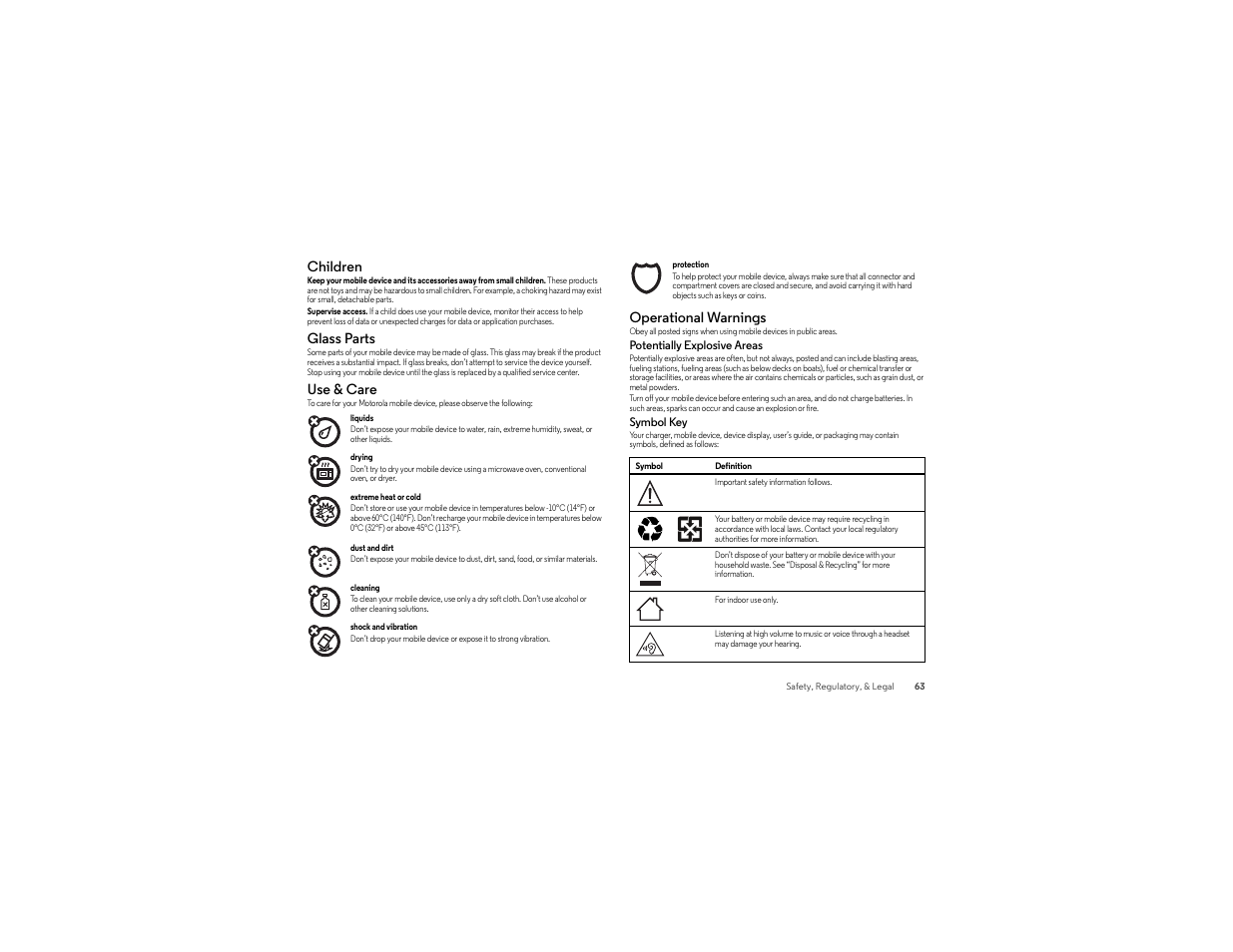 Children, Glass parts, Use & care | Operational warnings | Motorola moto x User Manual | Page 65 / 74