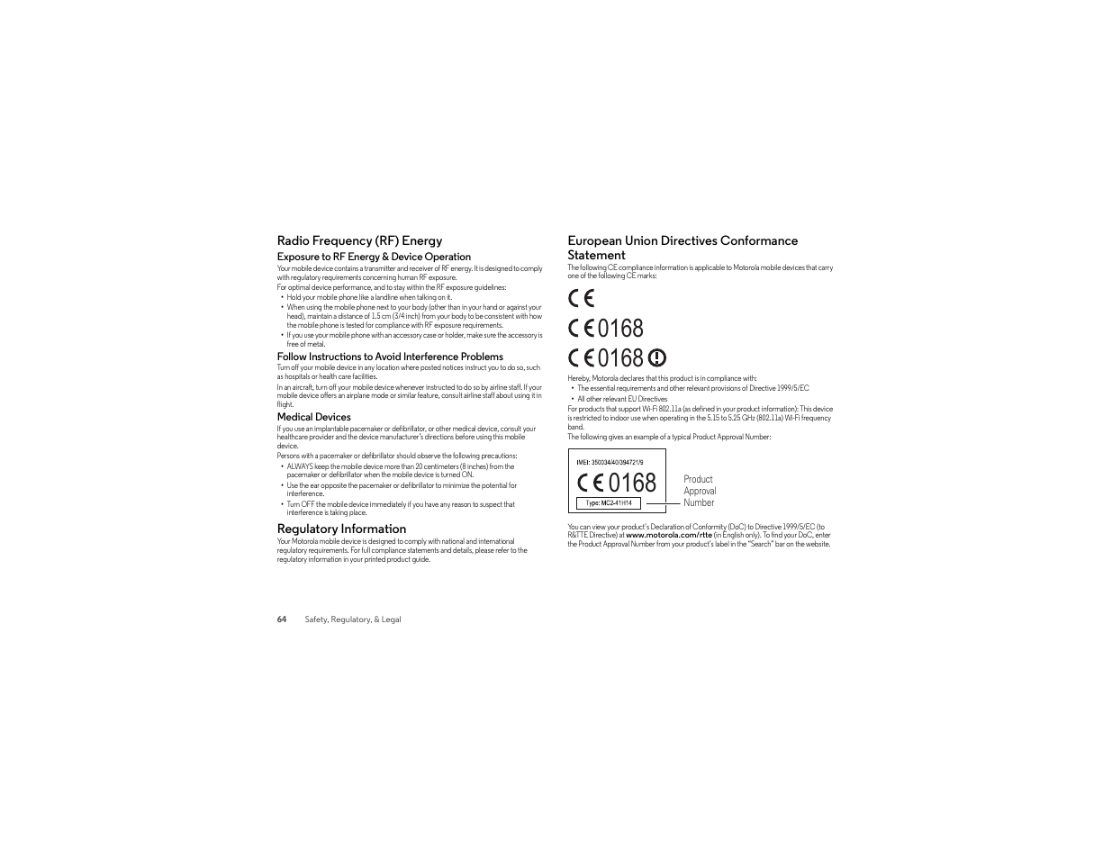 Radio frequency (rf) energy, Regulatory information, European union directives conformance statement | Motorola moto x User Manual | Page 66 / 74