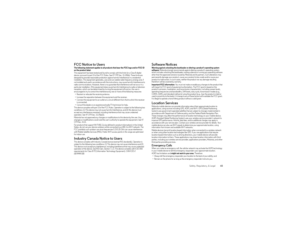 Fcc notice to users, Industry canada notice to users, Software notices | Location services | Motorola moto x User Manual | Page 67 / 74