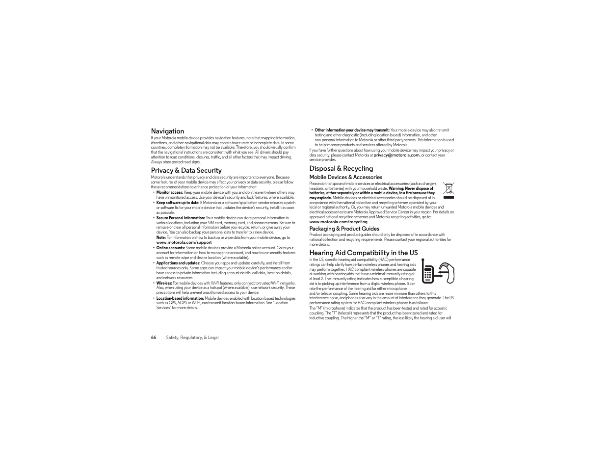 Navigation, Privacy & data security, Disposal & recycling | Hearing aid compatibility in the us | Motorola moto x User Manual | Page 68 / 74