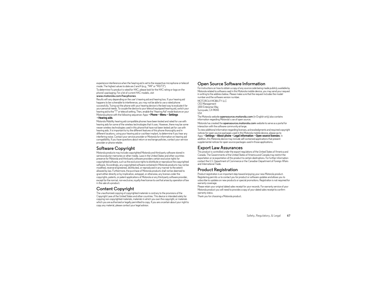 Software copyright, Content copyright, Open source software information | Export law assurances, Product registration | Motorola moto x User Manual | Page 69 / 74