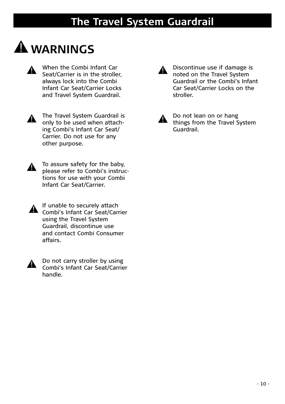 Warnings, The travel system guardrail | Combi 4010 User Manual | Page 10 / 16