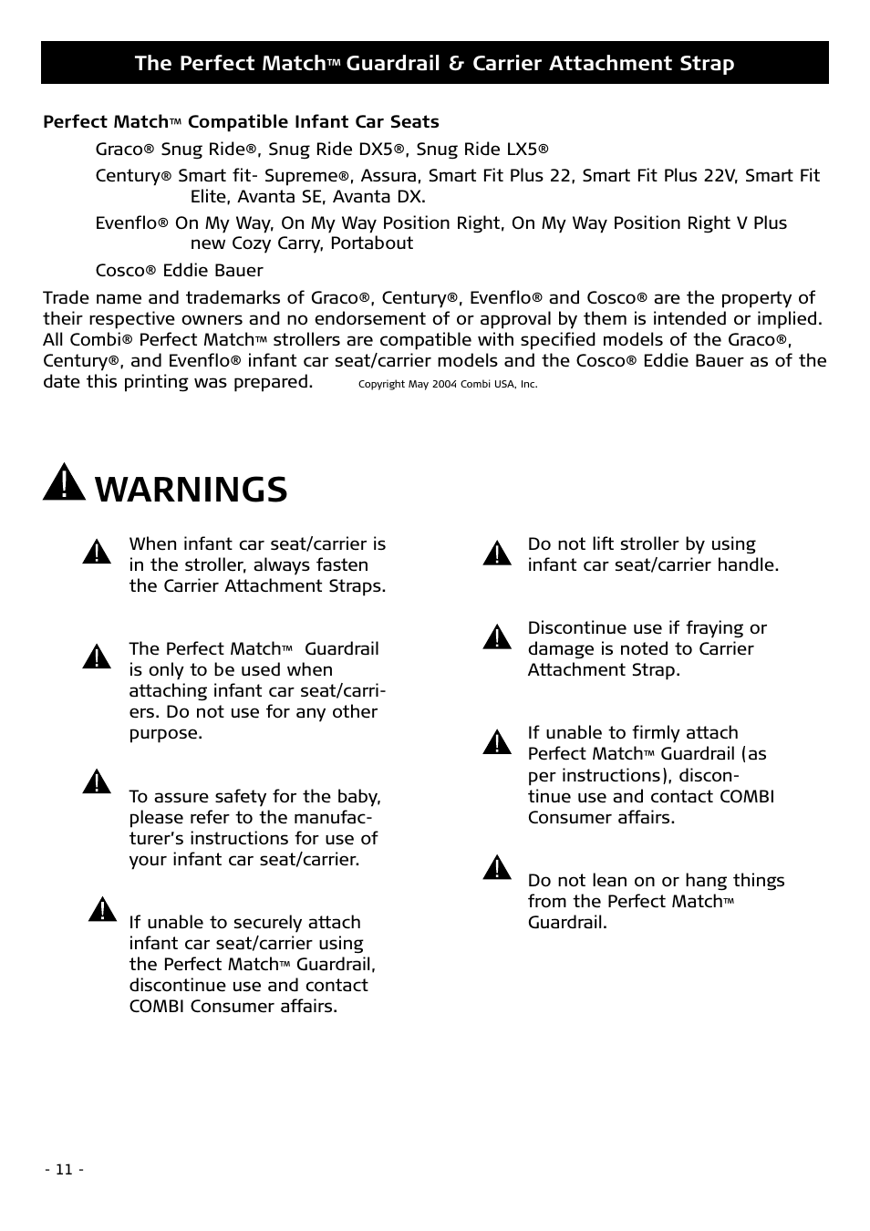 Warnings, The perfect match, Guardrail & carrier attachment strap | Combi 4010 User Manual | Page 11 / 16