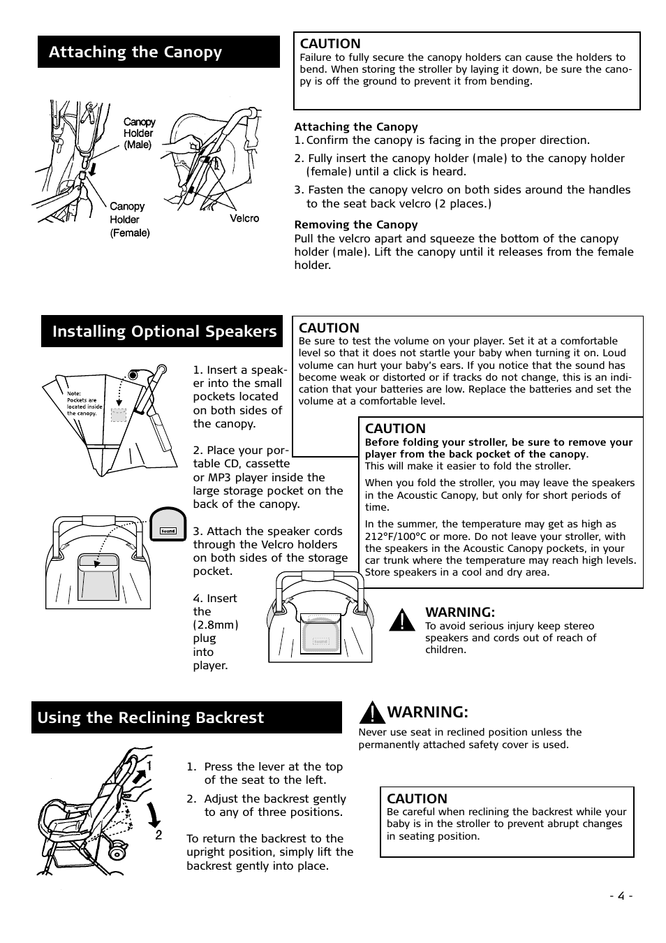 Attaching the canopy, Installing optional speakers, Warning: using the reclining backrest | Combi 4010 User Manual | Page 4 / 16