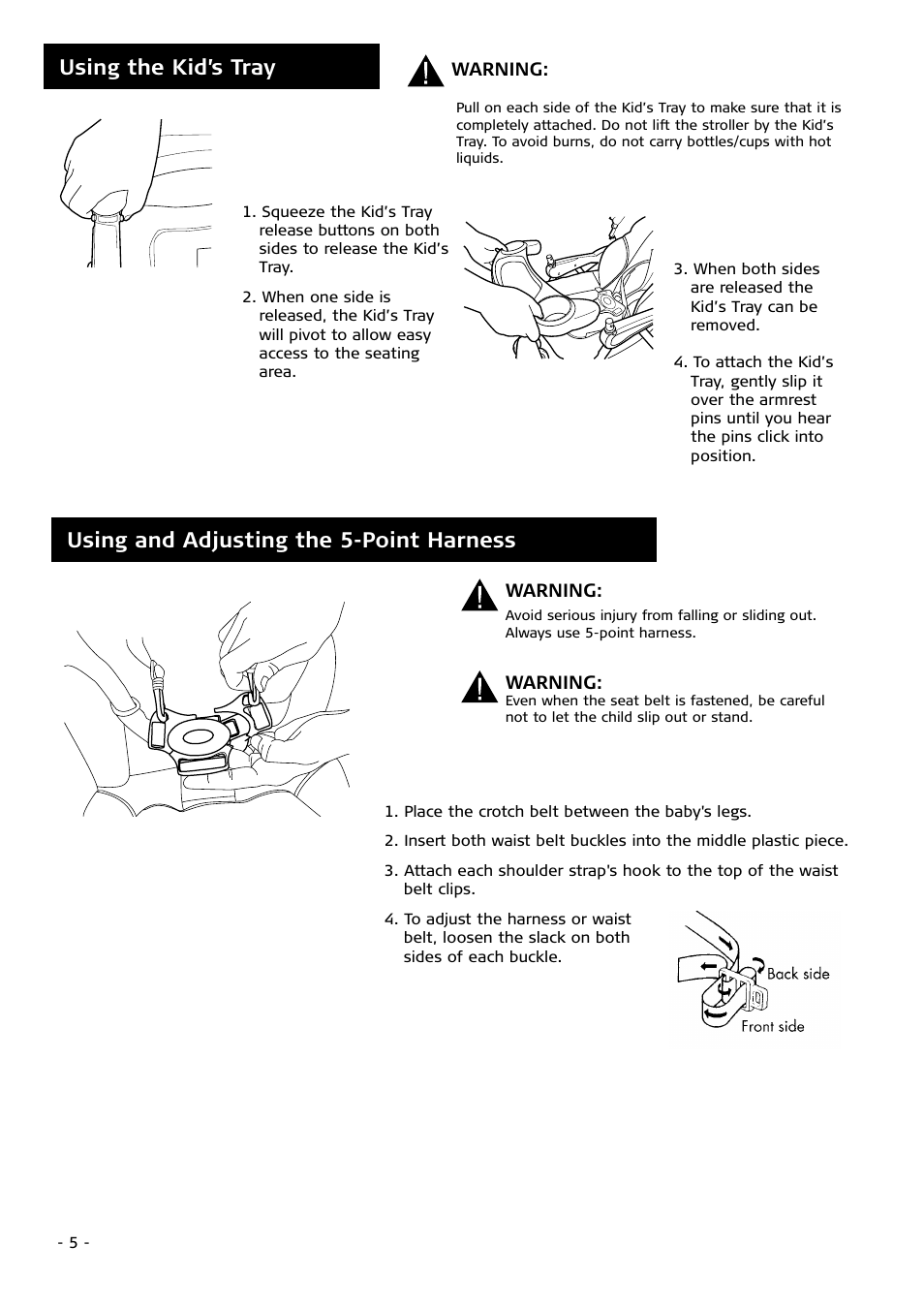 Using the kid’s tray, Using and adjusting the 5-point harness | Combi 4010 User Manual | Page 5 / 16