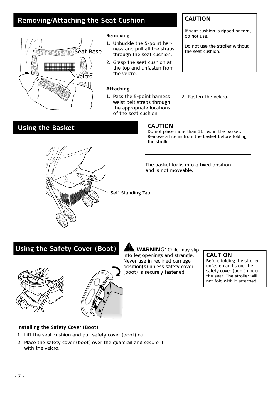 Using the basket, Removing/attaching the seat cushion, Using the safety cover (boot) | Combi 4010 User Manual | Page 7 / 16