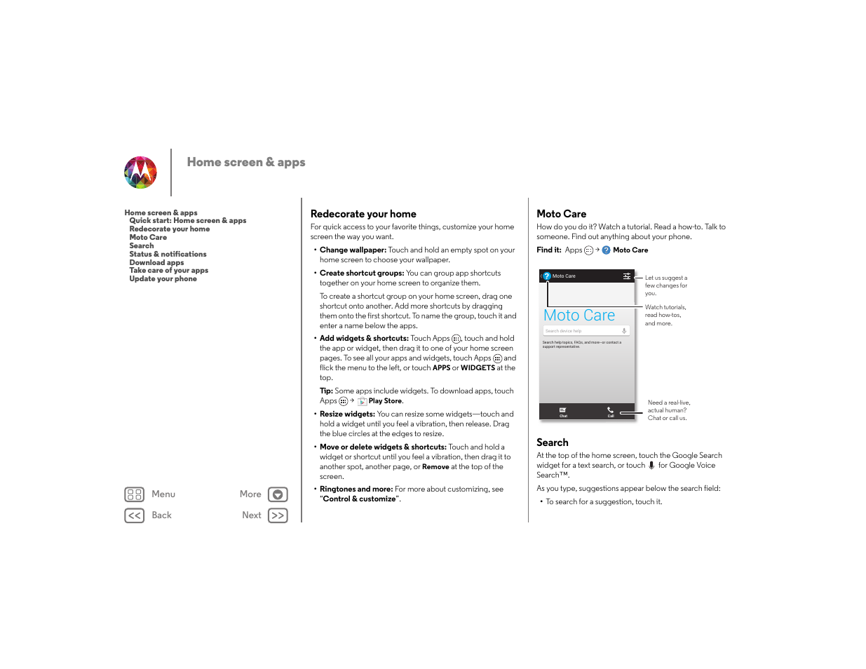 Redecorate your home, Moto care, Search | Next, Redecorate your home moto care search, Home screen & apps | Motorola moto x User Manual | Page 10 / 68