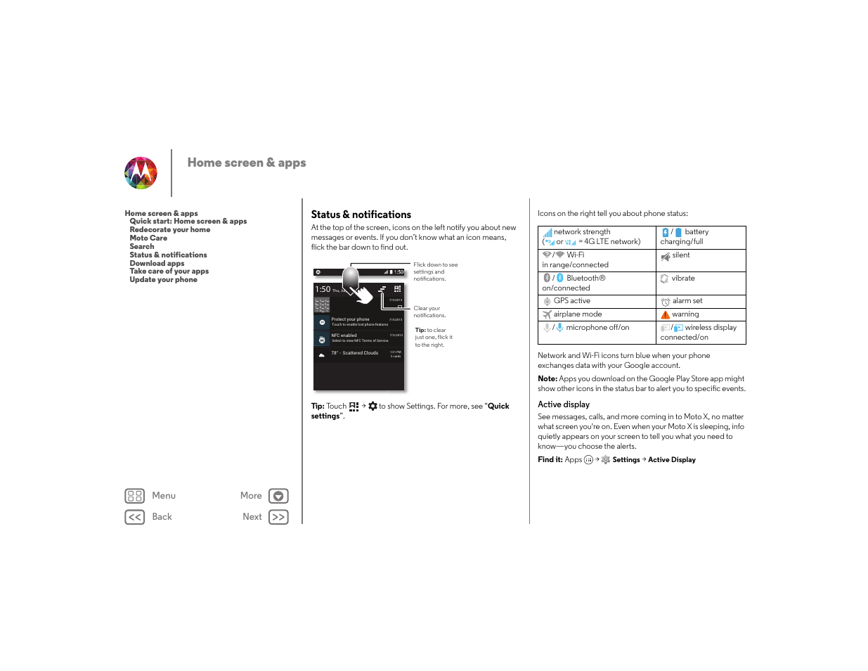 Status & notifications, Next, Home screen & apps | Motorola moto x User Manual | Page 12 / 68