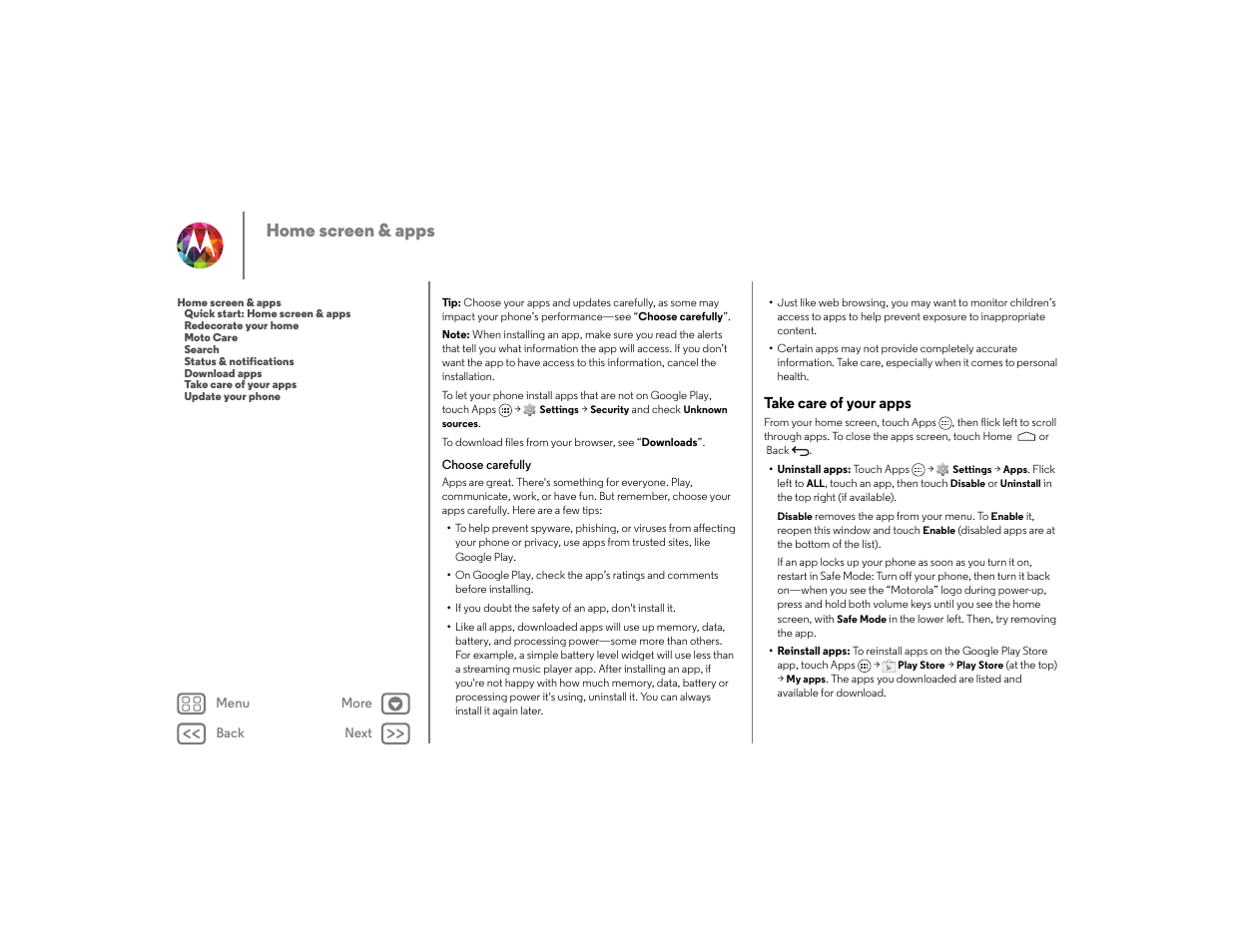 Take care of your apps, Next, Home screen & apps | Motorola moto x User Manual | Page 14 / 68