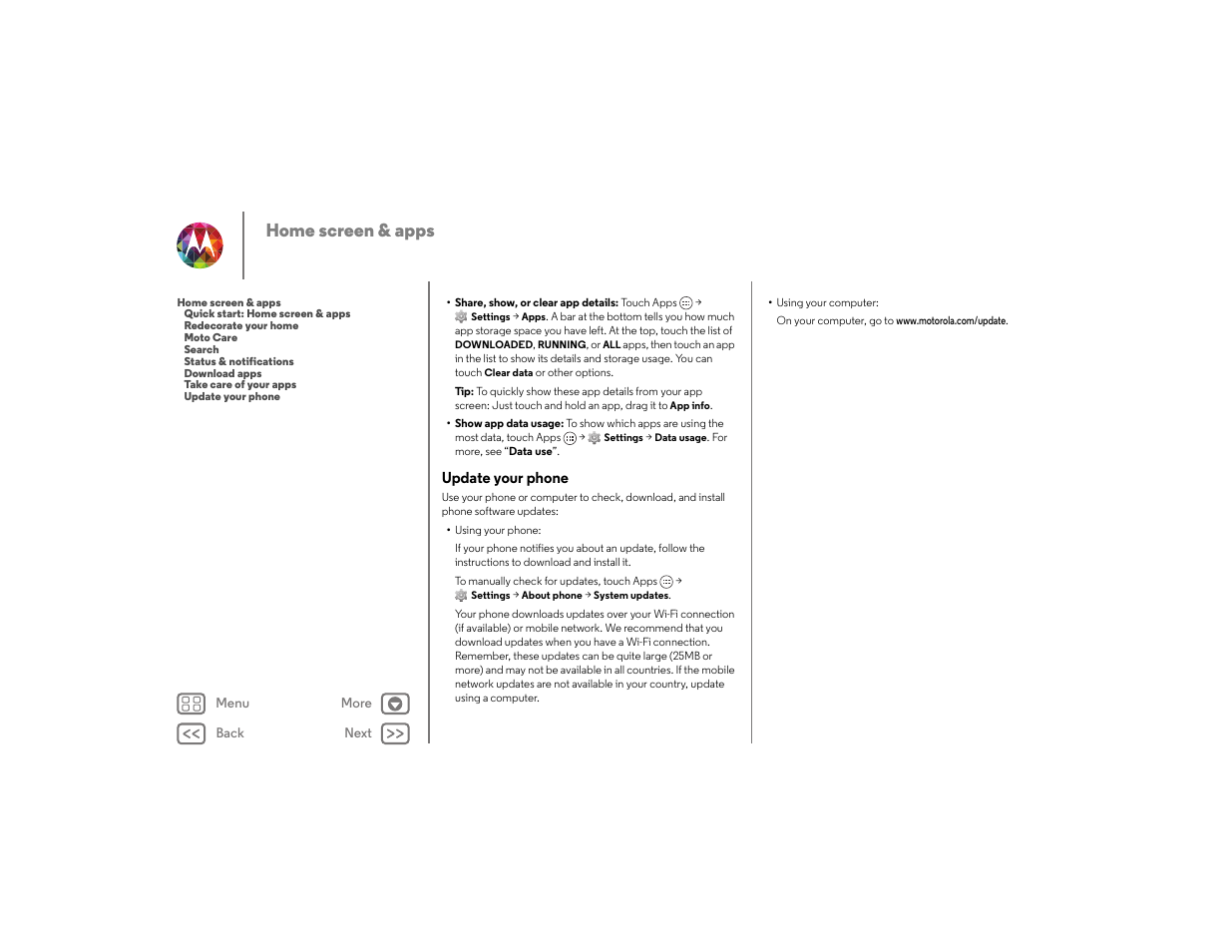 Update your phone, Next, Home screen & apps | Motorola moto x User Manual | Page 15 / 68