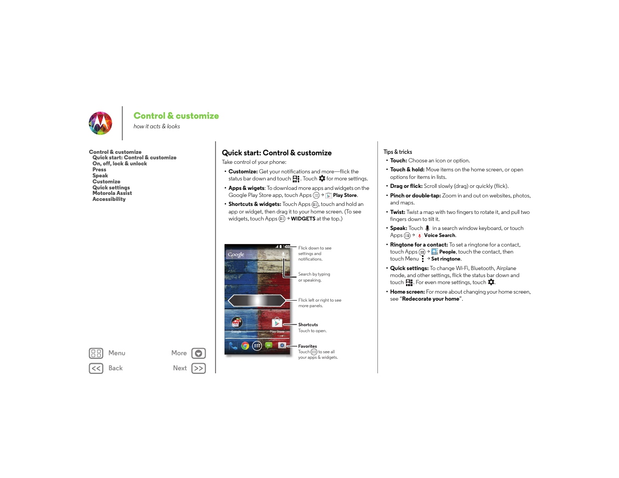 Control & customize, Quick start: control & customize, Next | Motorola moto x User Manual | Page 16 / 68