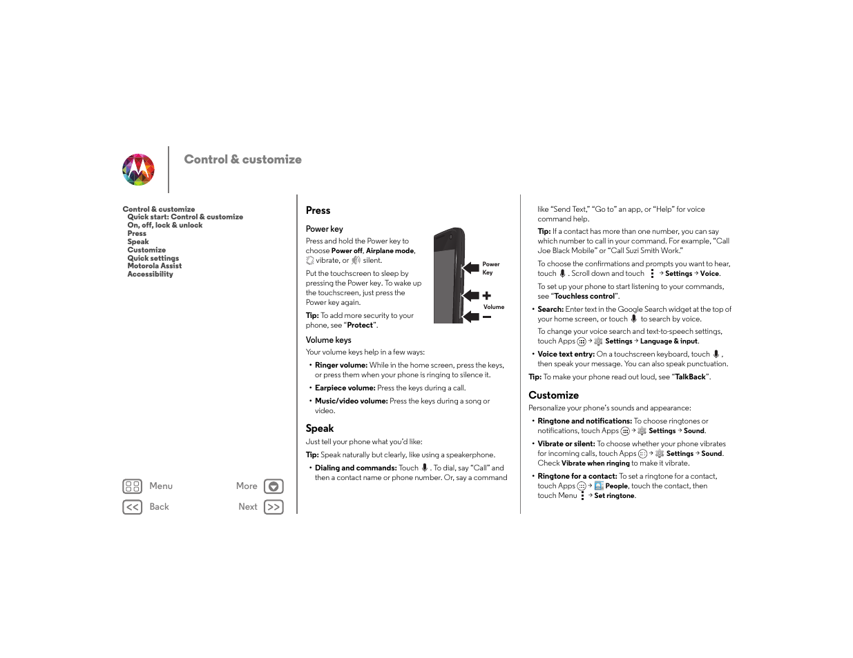 Press, Speak, Customize | Press speak customize, Next, Control & customize | Motorola moto x User Manual | Page 18 / 68