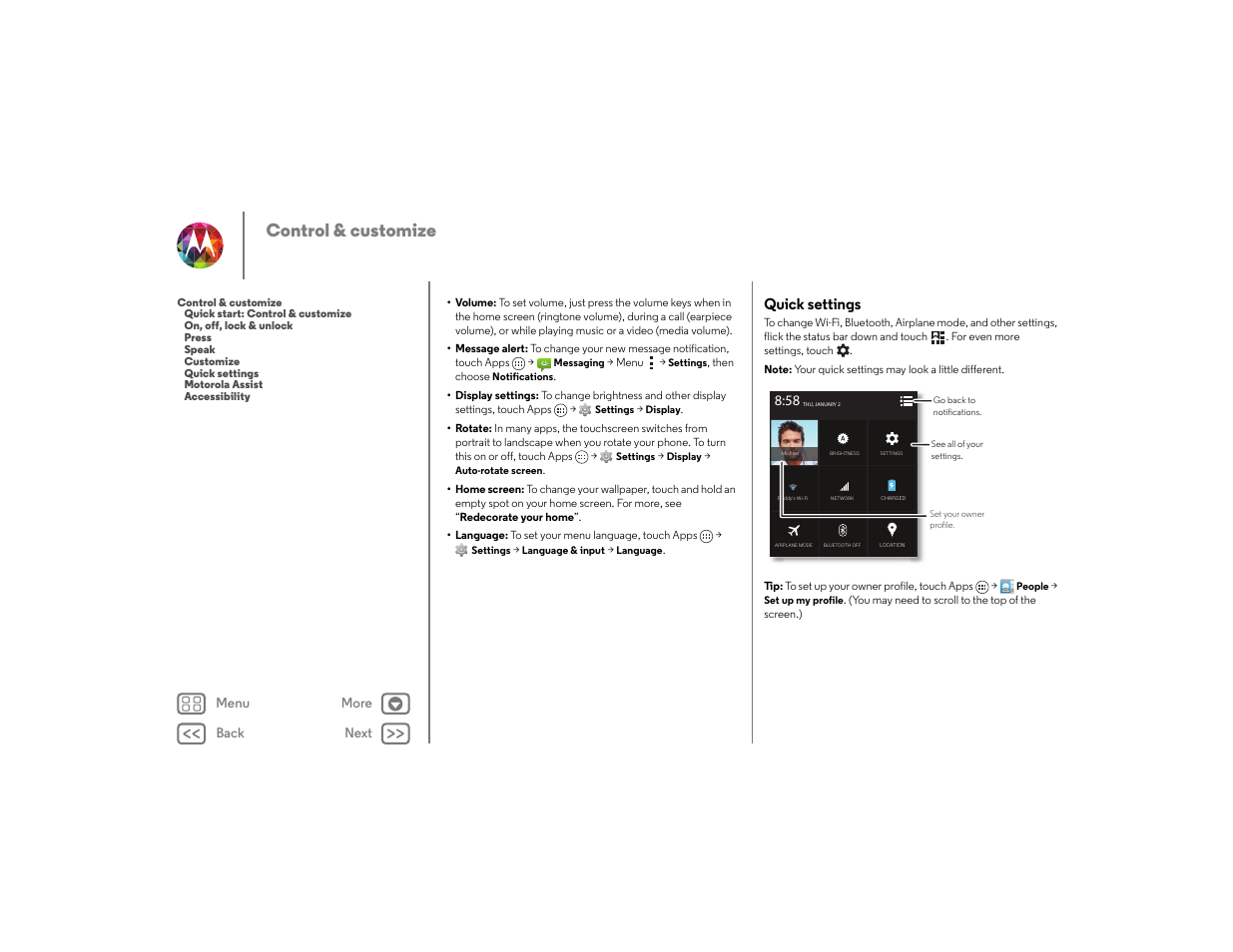 Quick settings, See “ quick, Settings | Next, Control & customize | Motorola moto x User Manual | Page 19 / 68