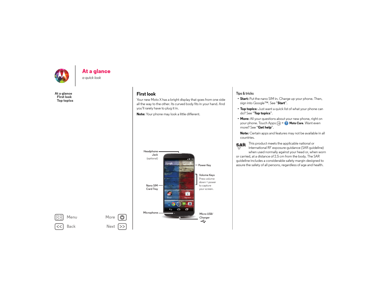 At a glance, First look | Motorola moto x User Manual | Page 2 / 68