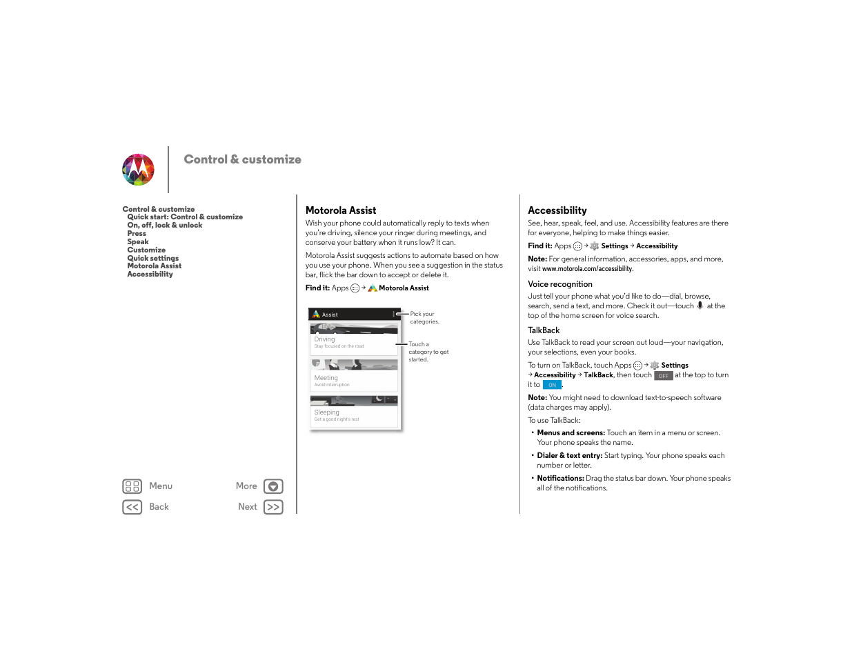 Motorola assist, Accessibility, See “ motorola assist | Motorola assist accessibility, See “ talkback, Next, Control & customize | Motorola moto x User Manual | Page 20 / 68