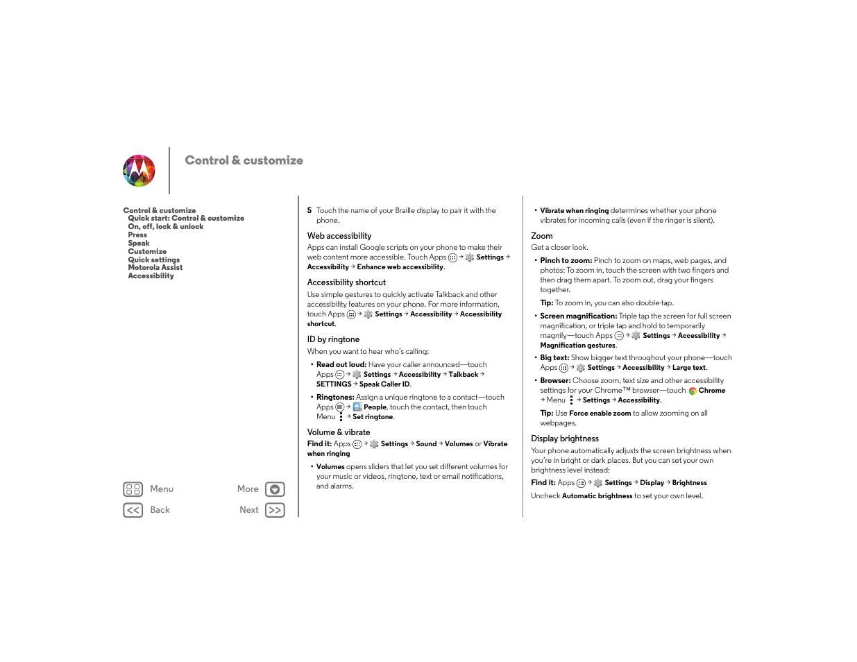 Next, See “ web accessibility, Control & customize | Motorola moto x User Manual | Page 22 / 68