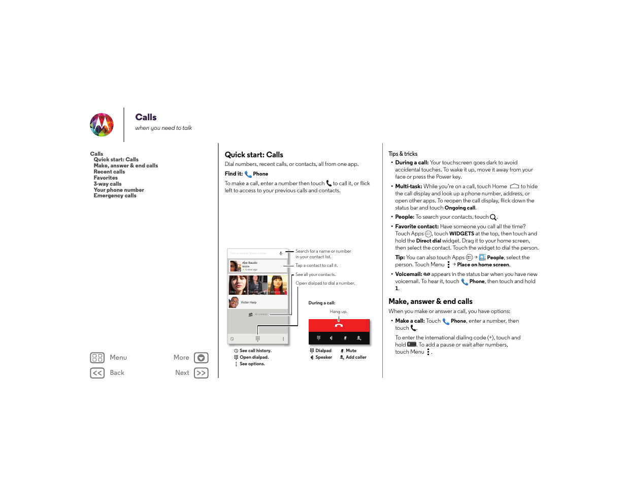 Calls, Quick start: calls, Make, answer & end calls | Next | Motorola moto x User Manual | Page 25 / 68
