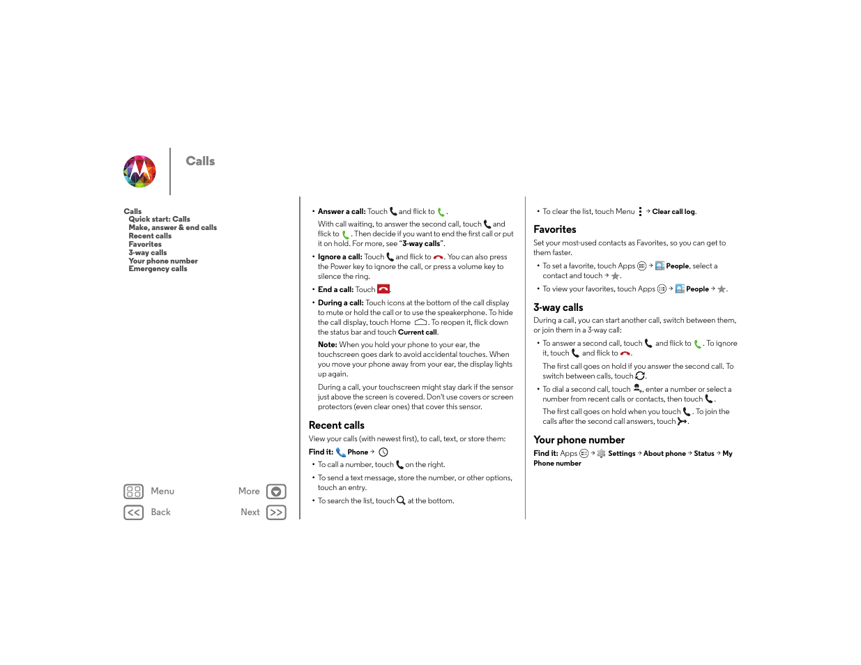 Recent calls, Favorites, Way calls | Your phone number, Next, Calls | Motorola moto x User Manual | Page 26 / 68