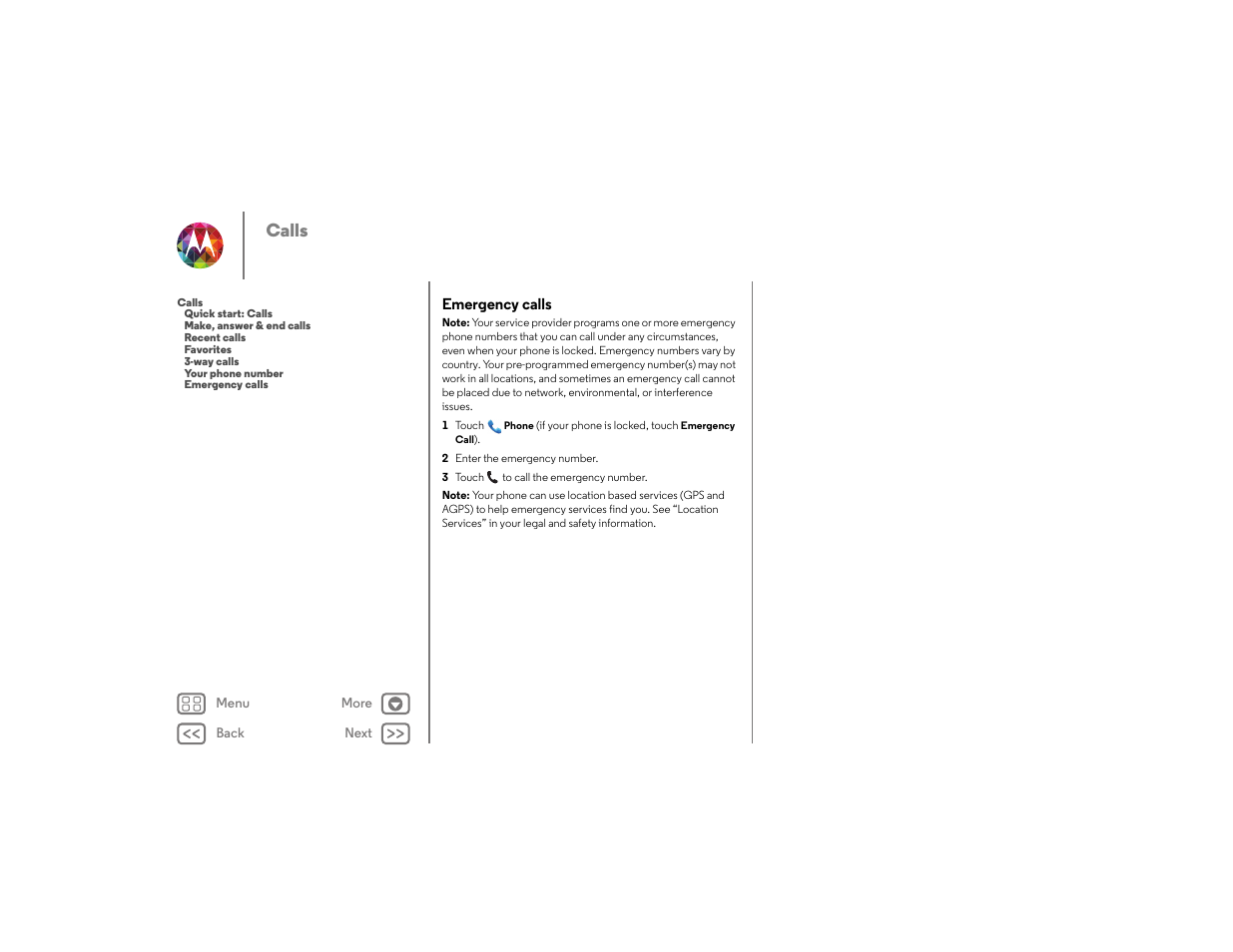 Emergency calls, Next, Calls | Motorola moto x User Manual | Page 27 / 68