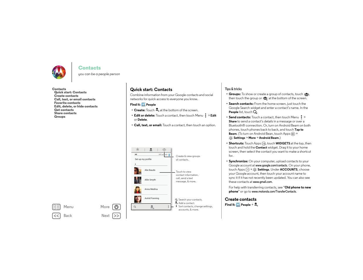 Contacts, Quick start: contacts, Create contacts | Next | Motorola moto x User Manual | Page 28 / 68