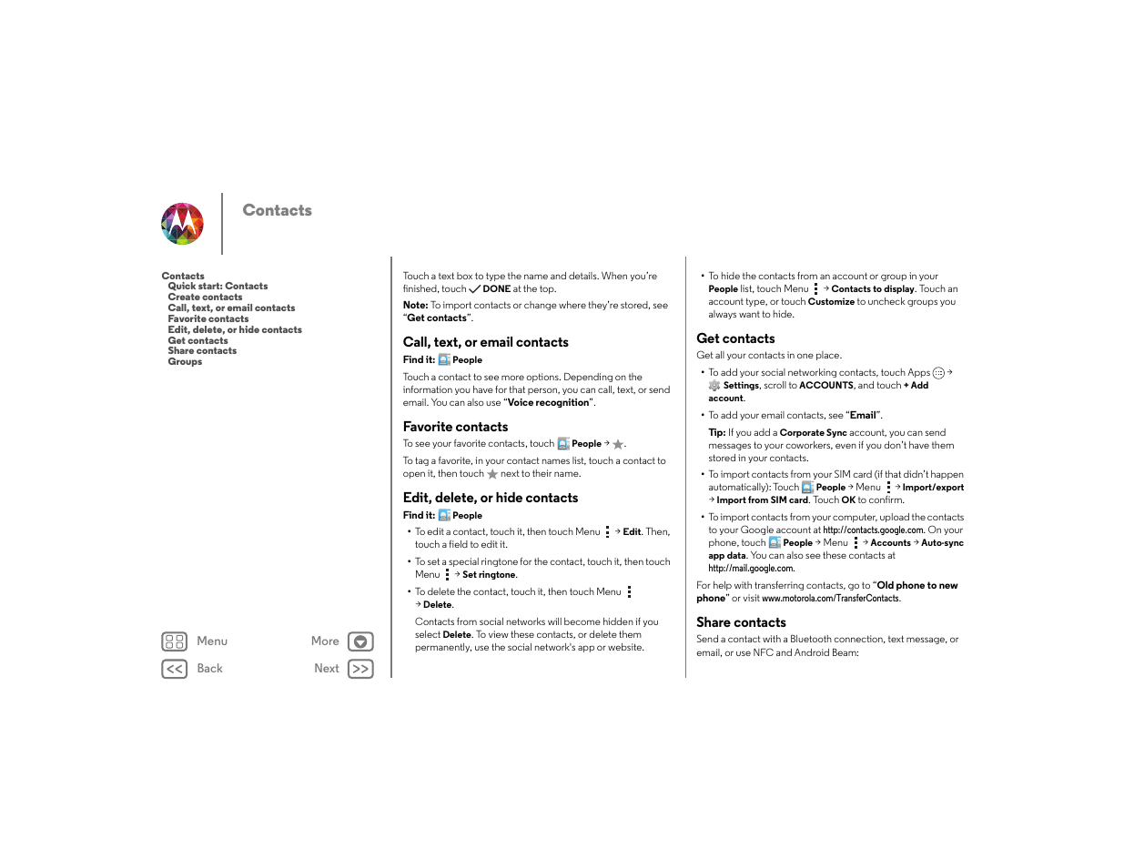 Call, text, or email contacts, Favorite contacts, Edit, delete, or hide contacts | Get contacts, Share contacts, Next, Contacts | Motorola moto x User Manual | Page 29 / 68