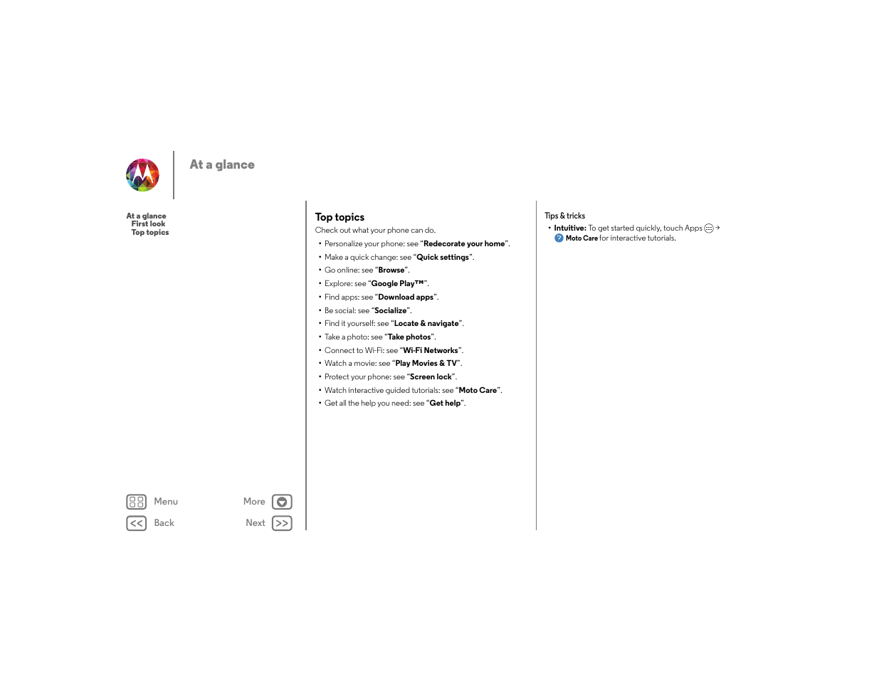 Top topics, Next, E “ top topics | At a glance | Motorola moto x User Manual | Page 3 / 68