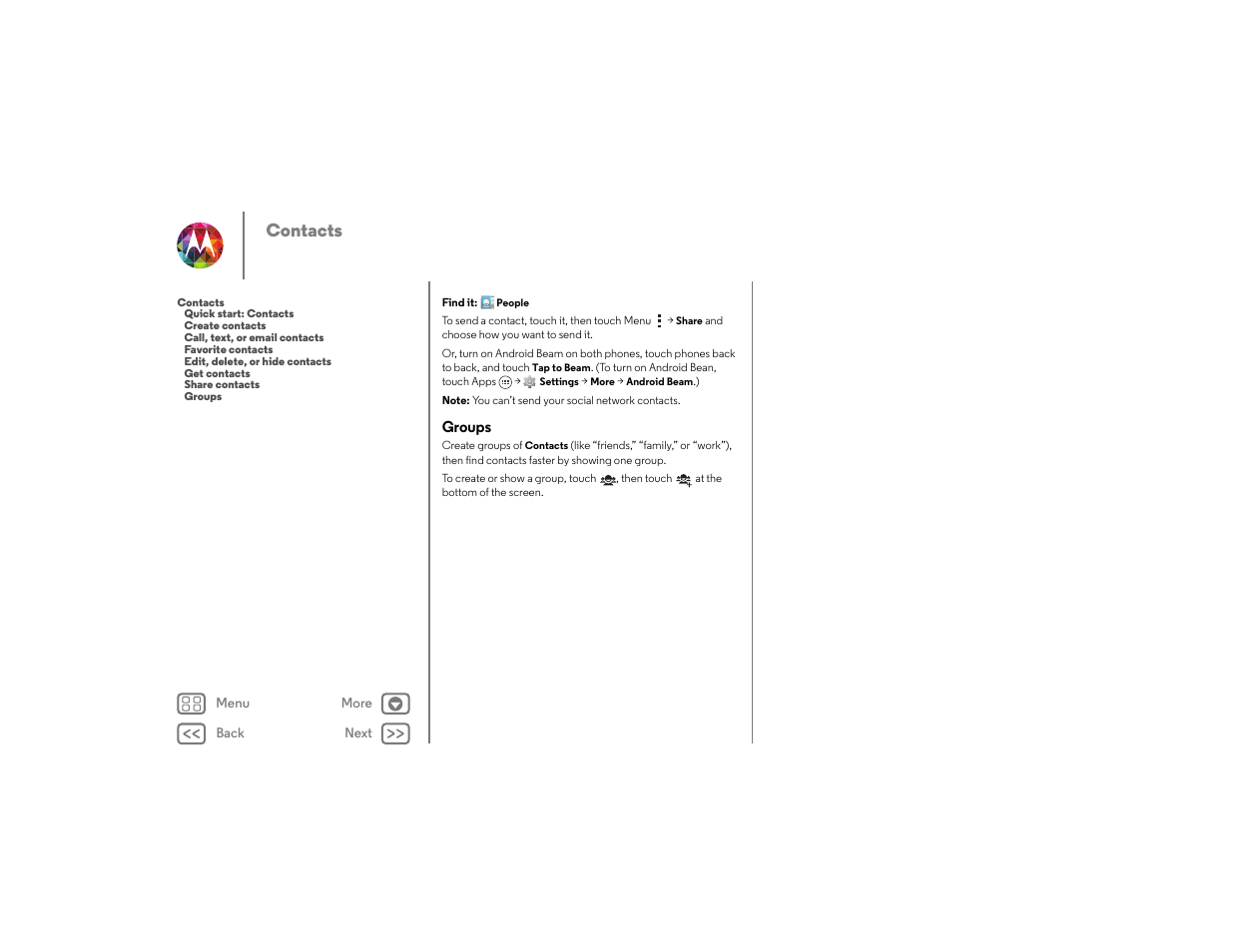 Groups, Next, Contacts | Motorola moto x User Manual | Page 30 / 68