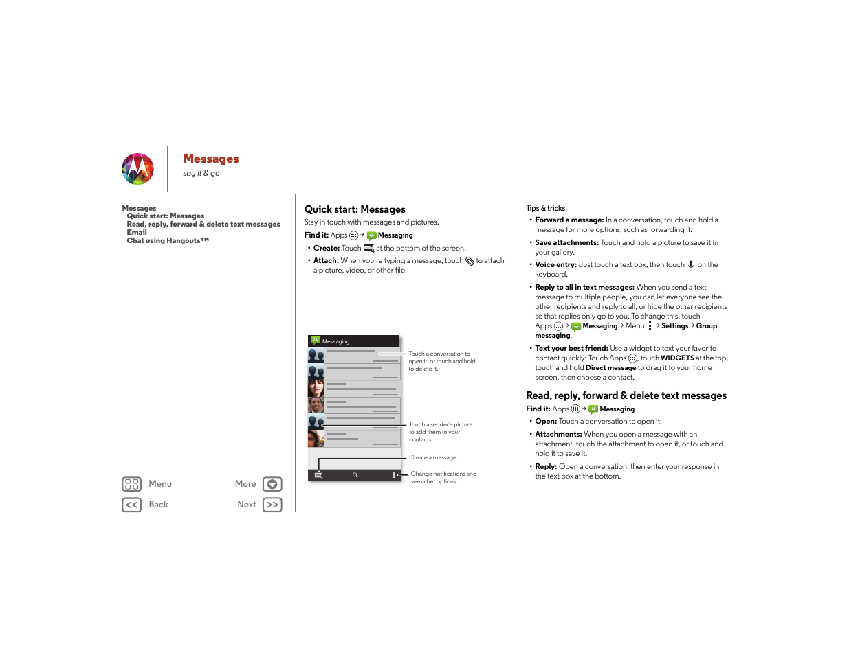 Messages, Quick start: messages, Read, reply, forward & delete text messages | Next | Motorola moto x User Manual | Page 31 / 68