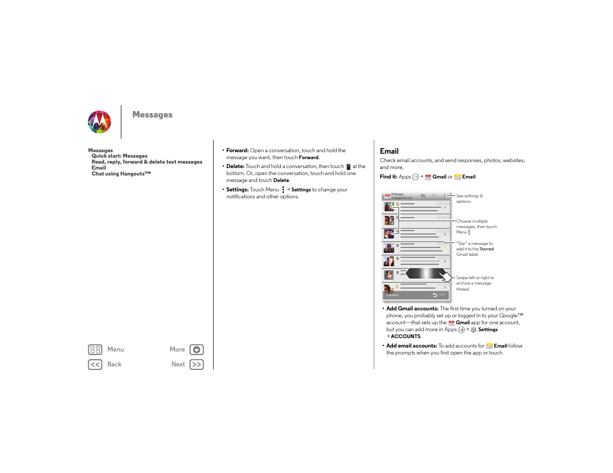 Email, Gmail, E “ email | See “ email, Next, Messages | Motorola moto x User Manual | Page 32 / 68