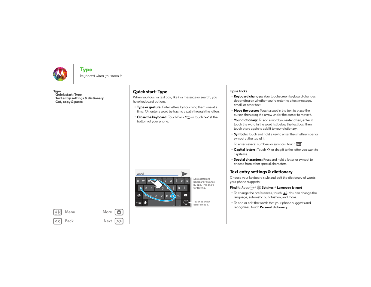 Type, Quick start: type, Text entry settings & dictionary | Q w e r, Next | Motorola moto x User Manual | Page 34 / 68