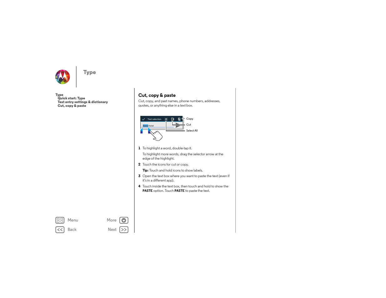 Cut, copy & paste, Next, Type | Motorola moto x User Manual | Page 35 / 68