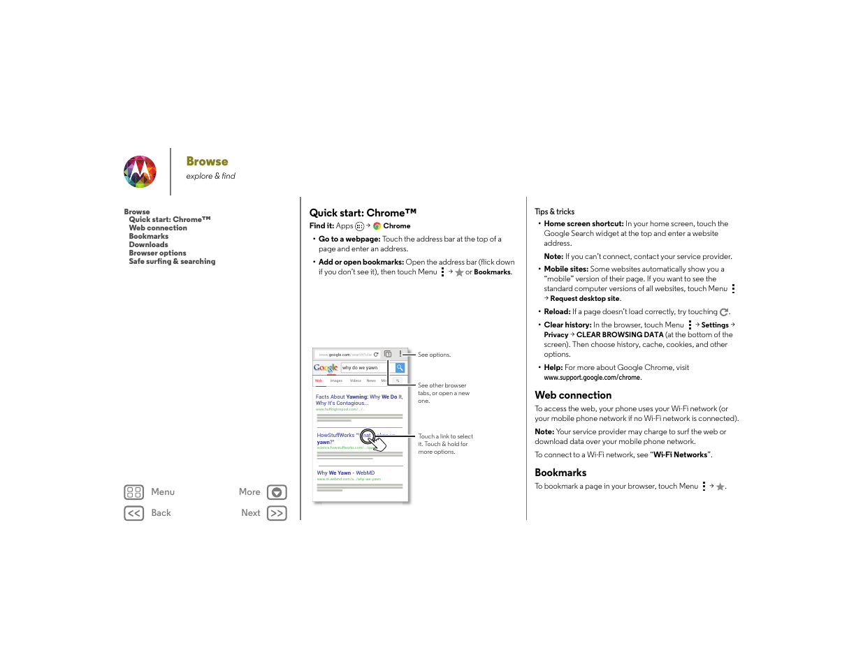 Browse, Quick start: chrome, Web connection | Bookmarks, E “ browse, Next | Motorola moto x User Manual | Page 37 / 68