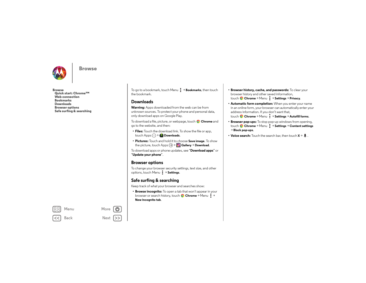 Downloads, Browser options, Safe surfing & searching | E “ downloads, Next, Downloads browser options safe surfing & searching, Browse | Motorola moto x User Manual | Page 38 / 68