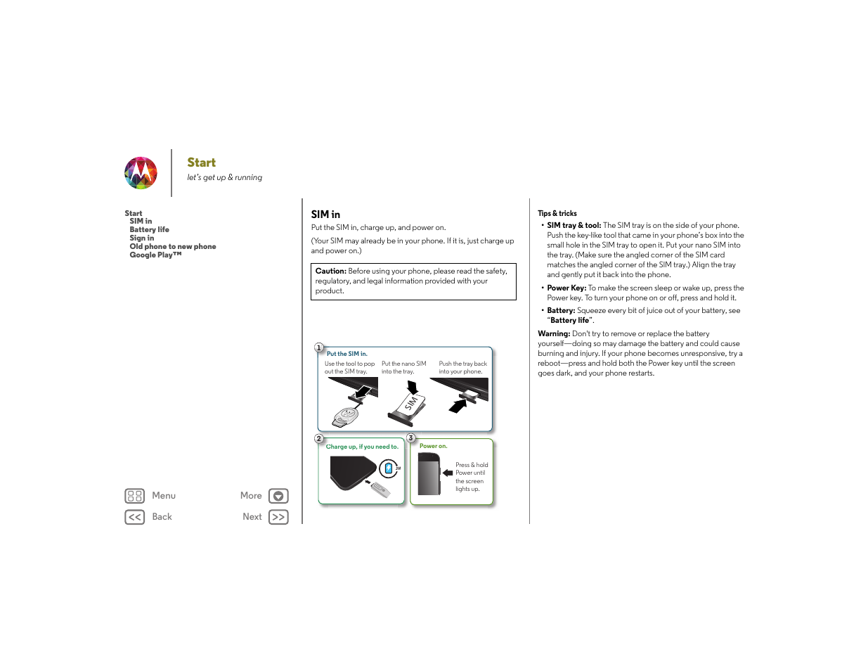 Start, Sim in, See “ start | Next | Motorola moto x User Manual | Page 4 / 68